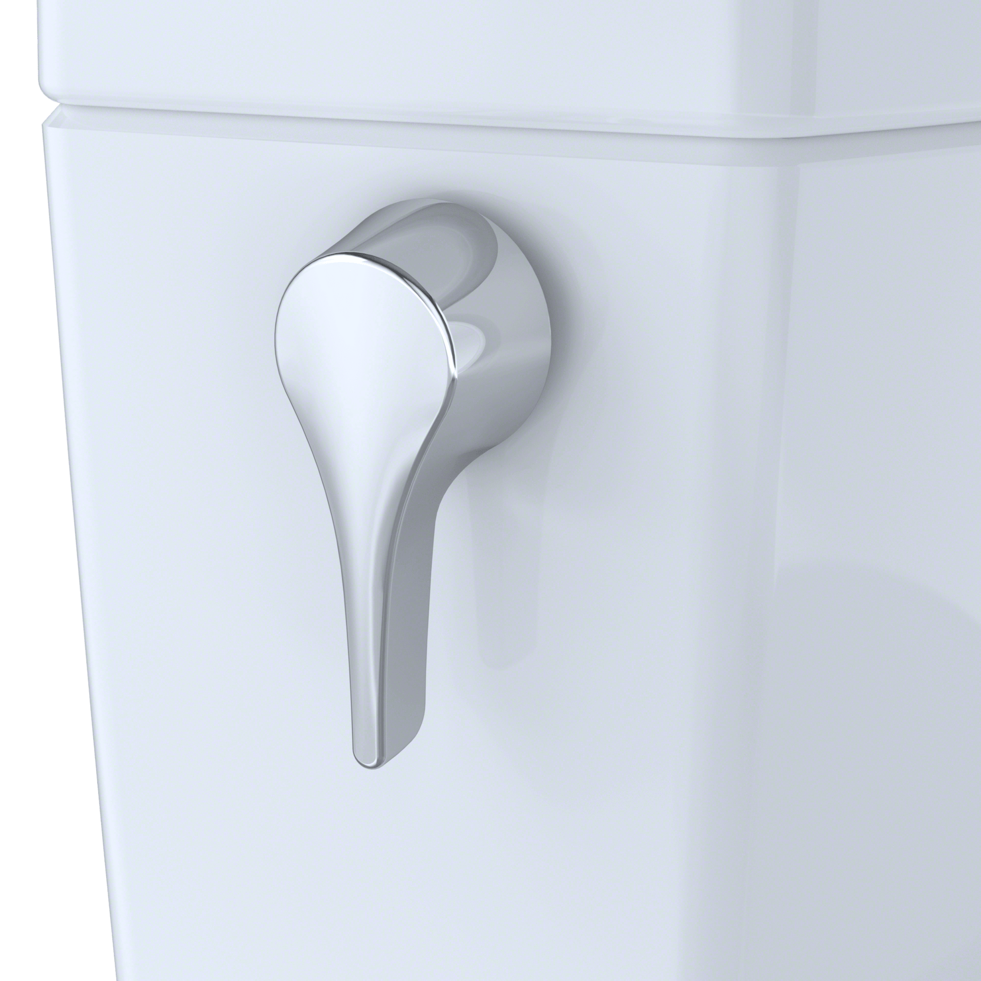 Close-up of the chrome flush handle on TOTO Nexus 1G Washlet+ S7A bidet toilet.
