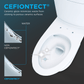 Toilet with CefionTECT technology illustration showing waste minimization on a dark background