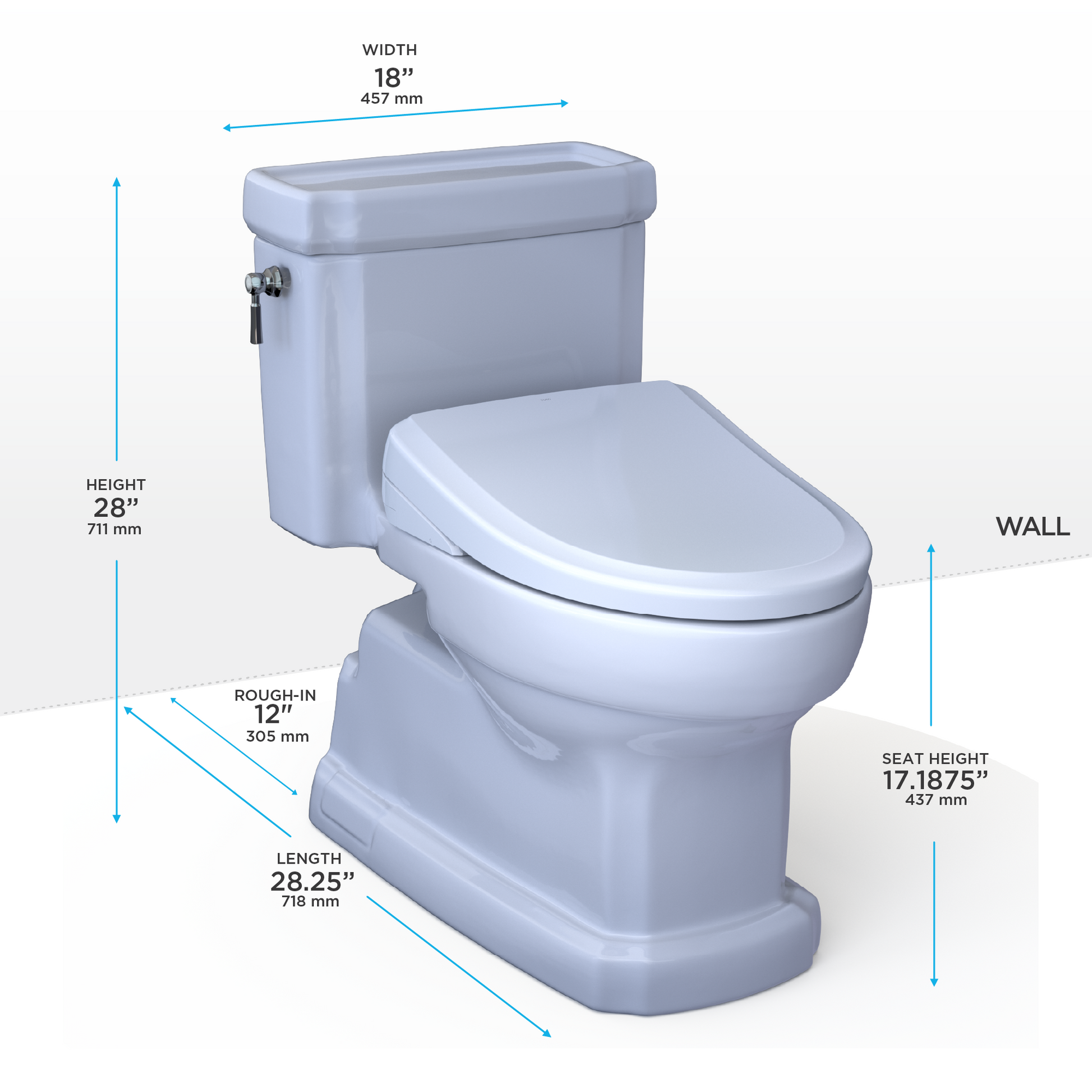 White toilet on white background with dimensions labeled