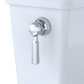 Close-up of a chrome toilet flush handle on a white background