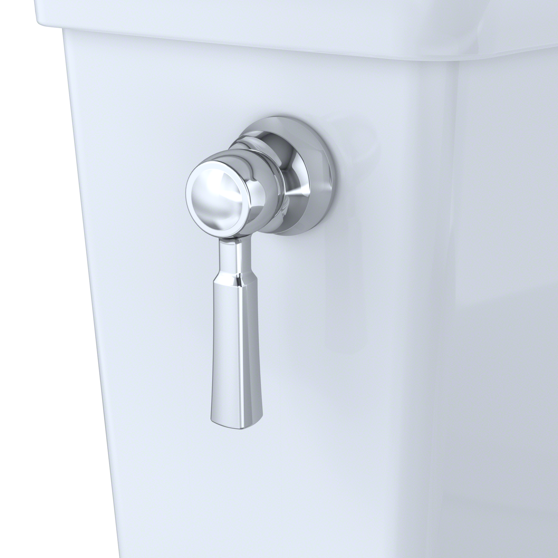 Close-up of a chrome toilet flush handle on a white background