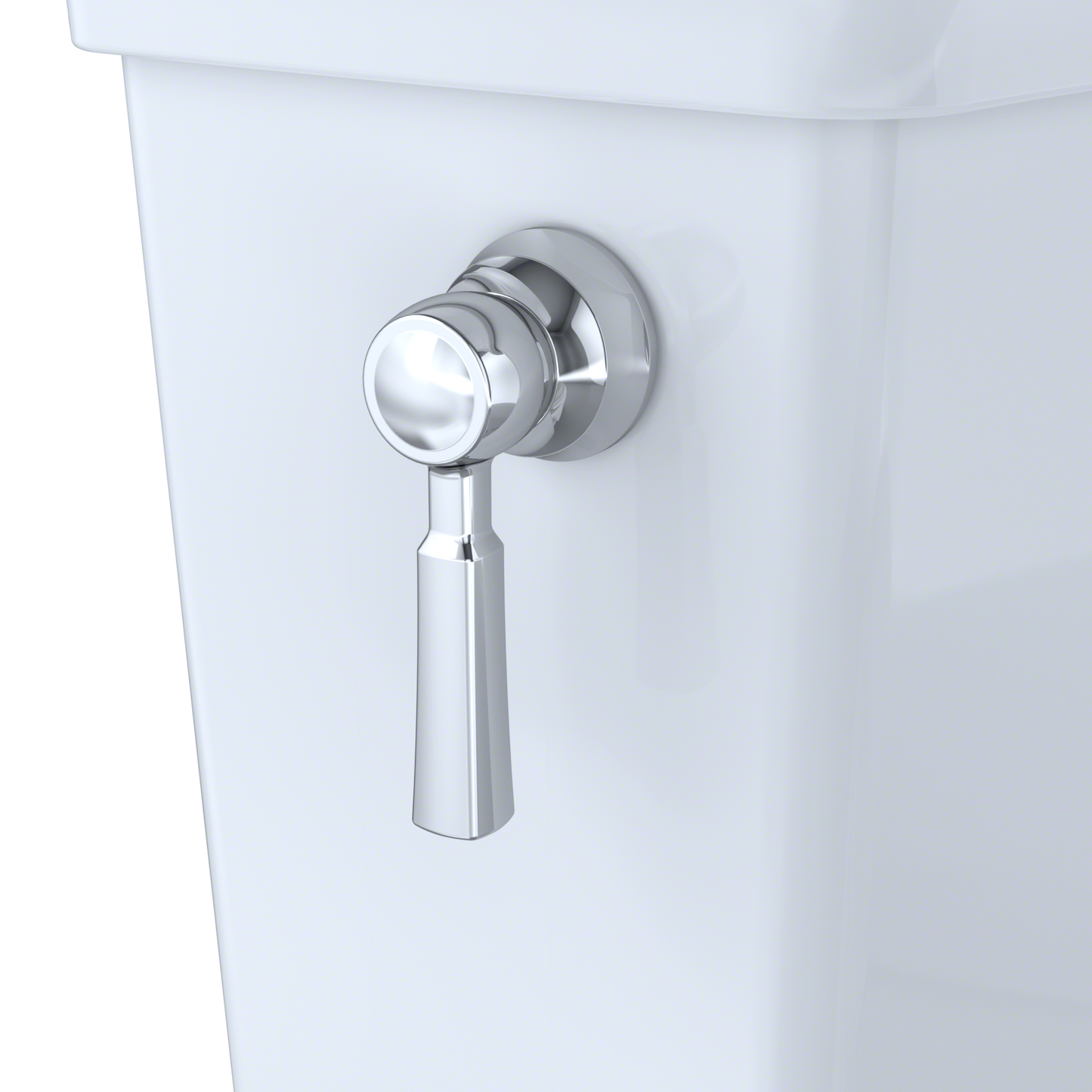 Close-up of a chrome toilet flush handle on a white background