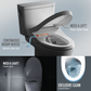 Toilet with auto open seat, continuous warm water feature, and night light on a gray background.