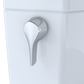 Close-up of a white toilet with a chrome flush handle on a white background