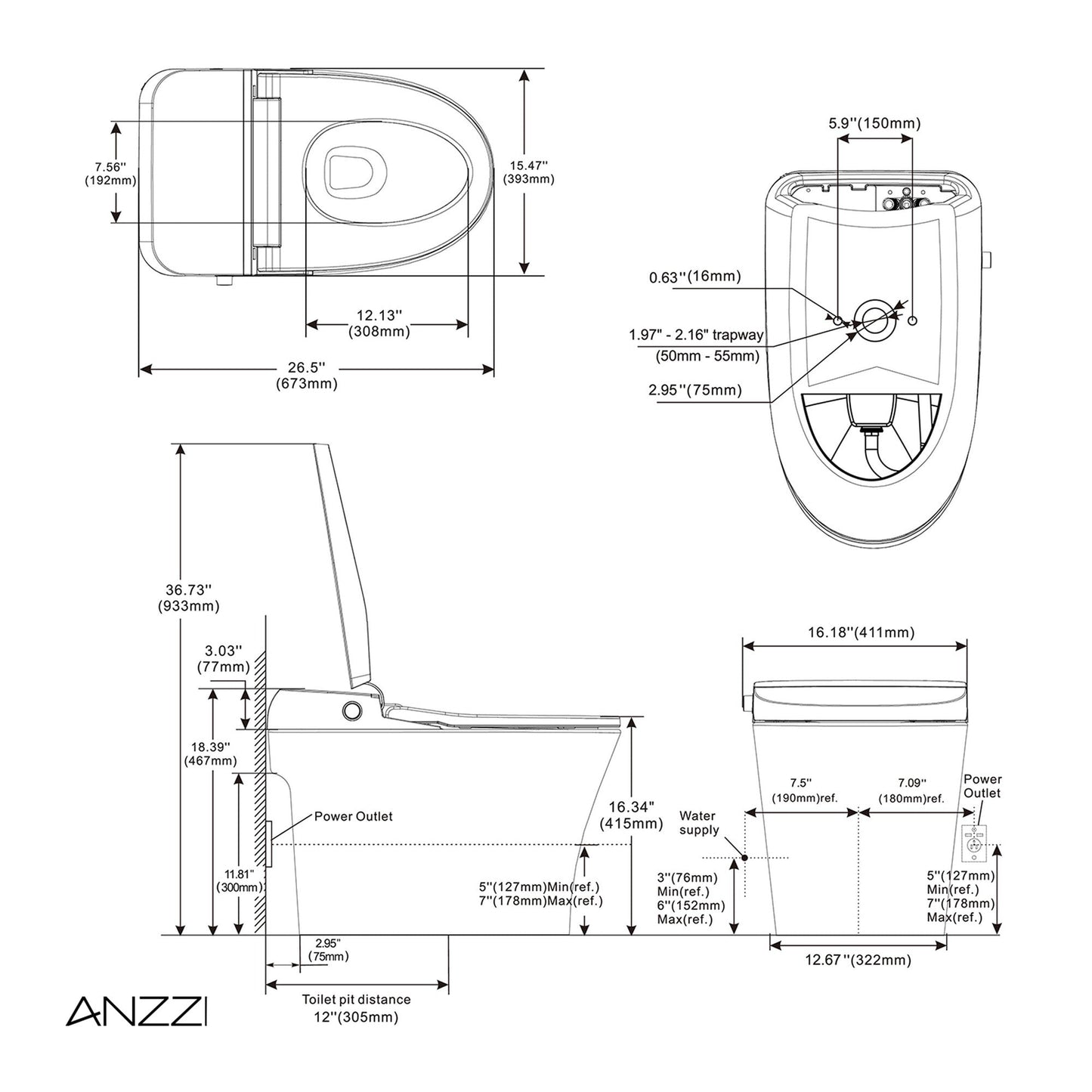 Juno 26 in. Smart Toilet and Bidet Set in White with Heated Seat, Front & Rear Wash, Foot Sensor, and Remote Control