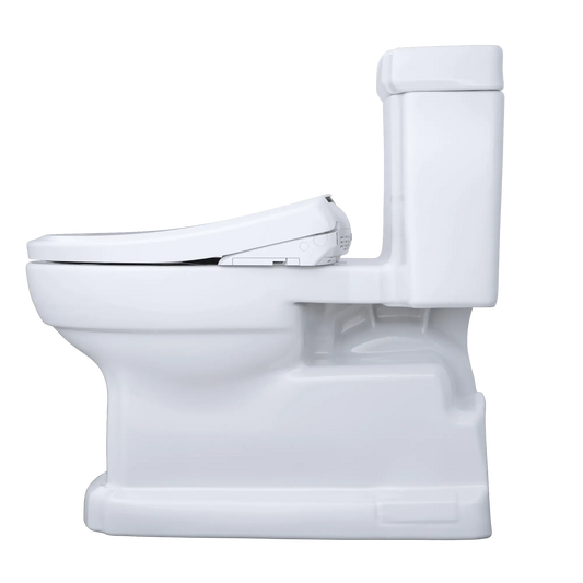 White toilet with seat on a white background