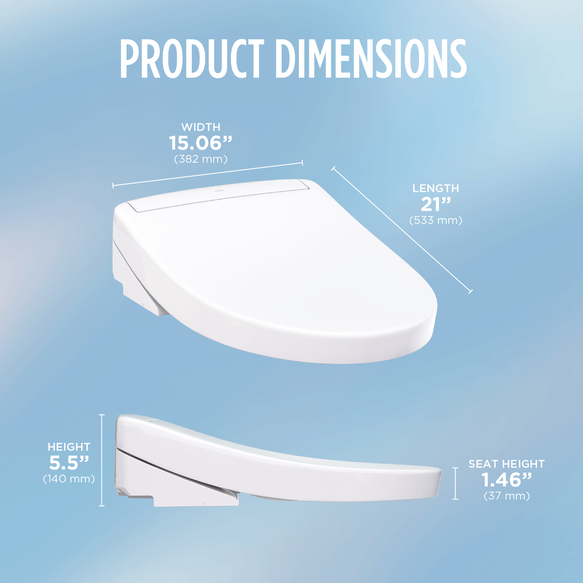 TOTO Washlet S5 Bidet Seat product dimensions showcasing width, height, length, and seat height measurements.