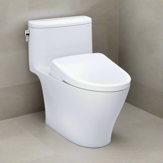 TOTO Nexus Washlet+ toilet with S7A smart bidet in a bathroom with tile floors and beige walls. 