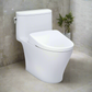 White toilet in a bathroom with tiled walls and a plant.