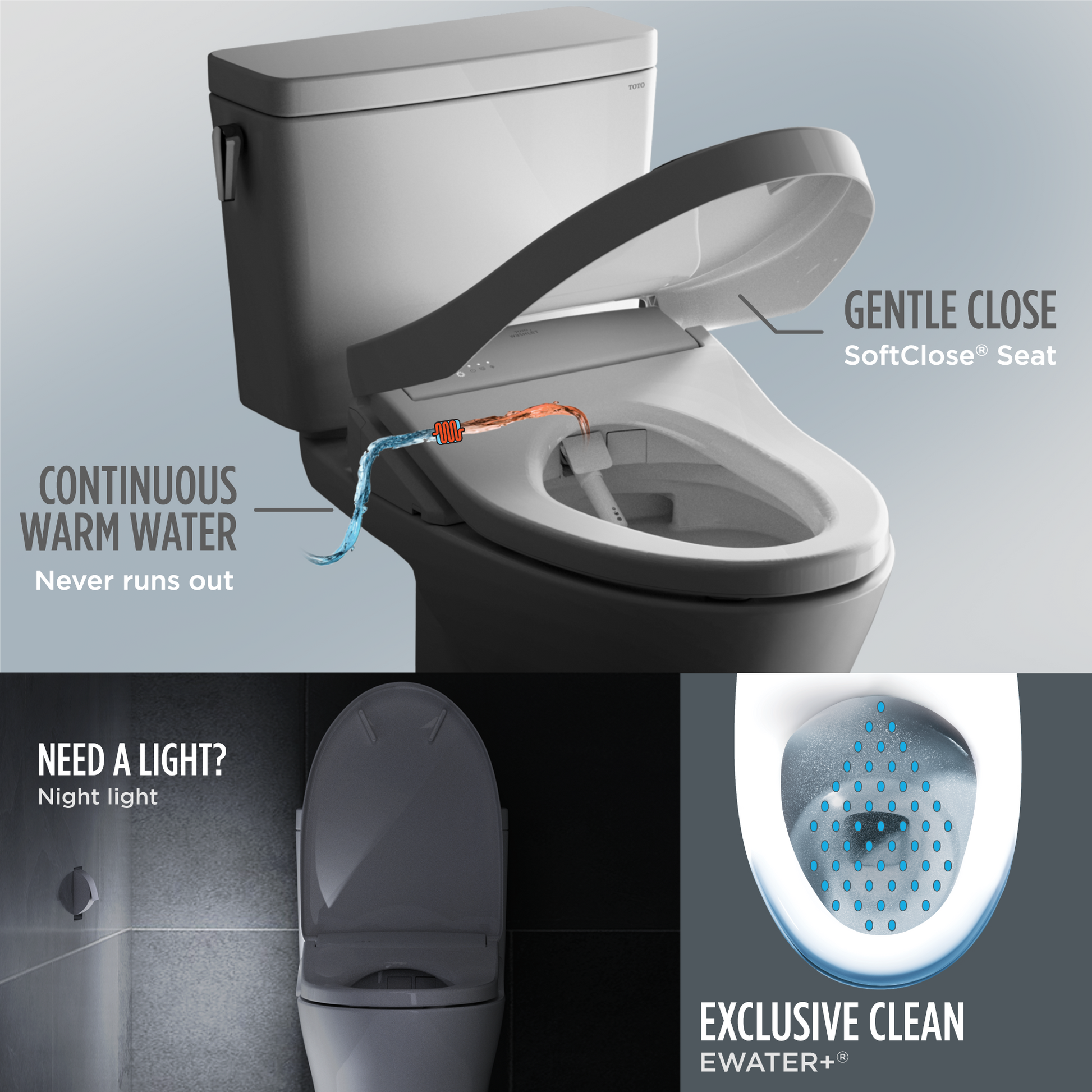 Toilet with SoftClose seat and additional features on a gray background