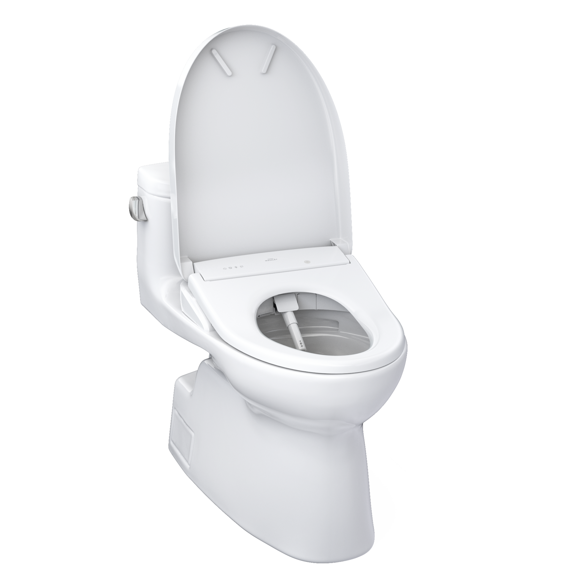 White toilet with open lid on a white background