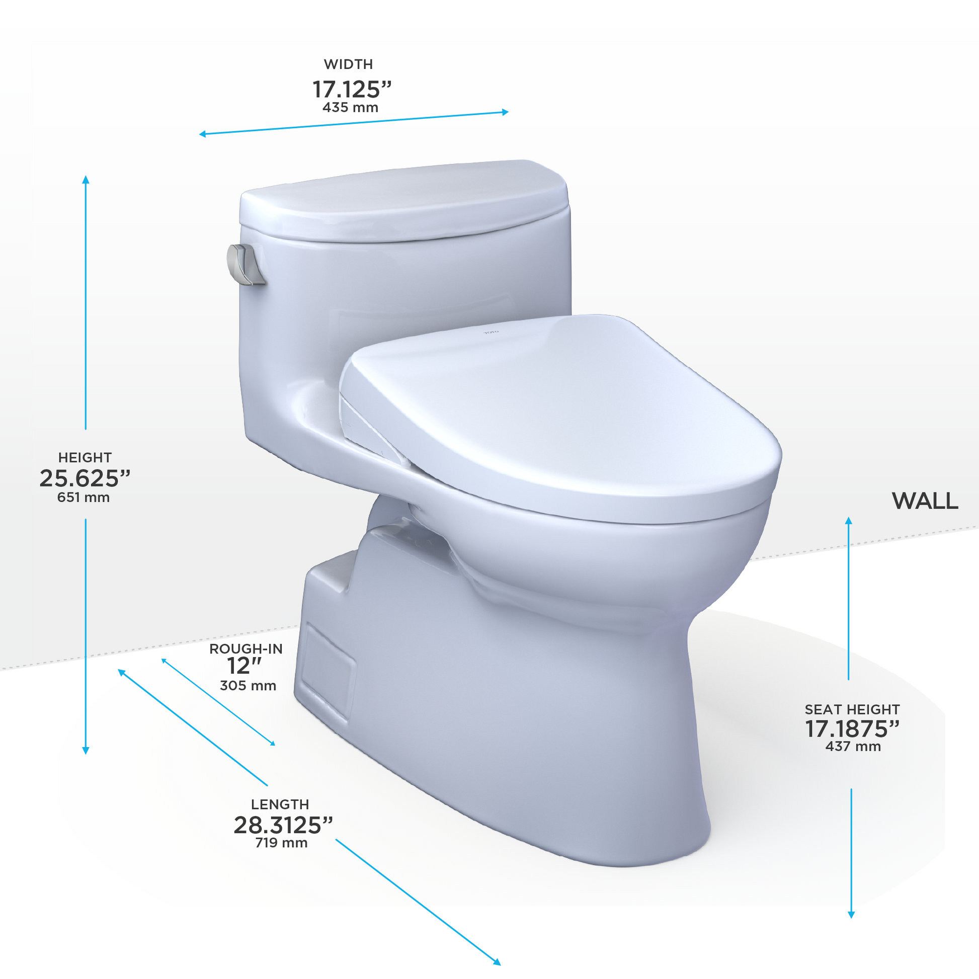 White toilet on white background with dimensions labeled
