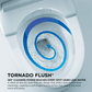 Close-up of a toilet bowl with Tornado Flush technology and swirling water pattern.