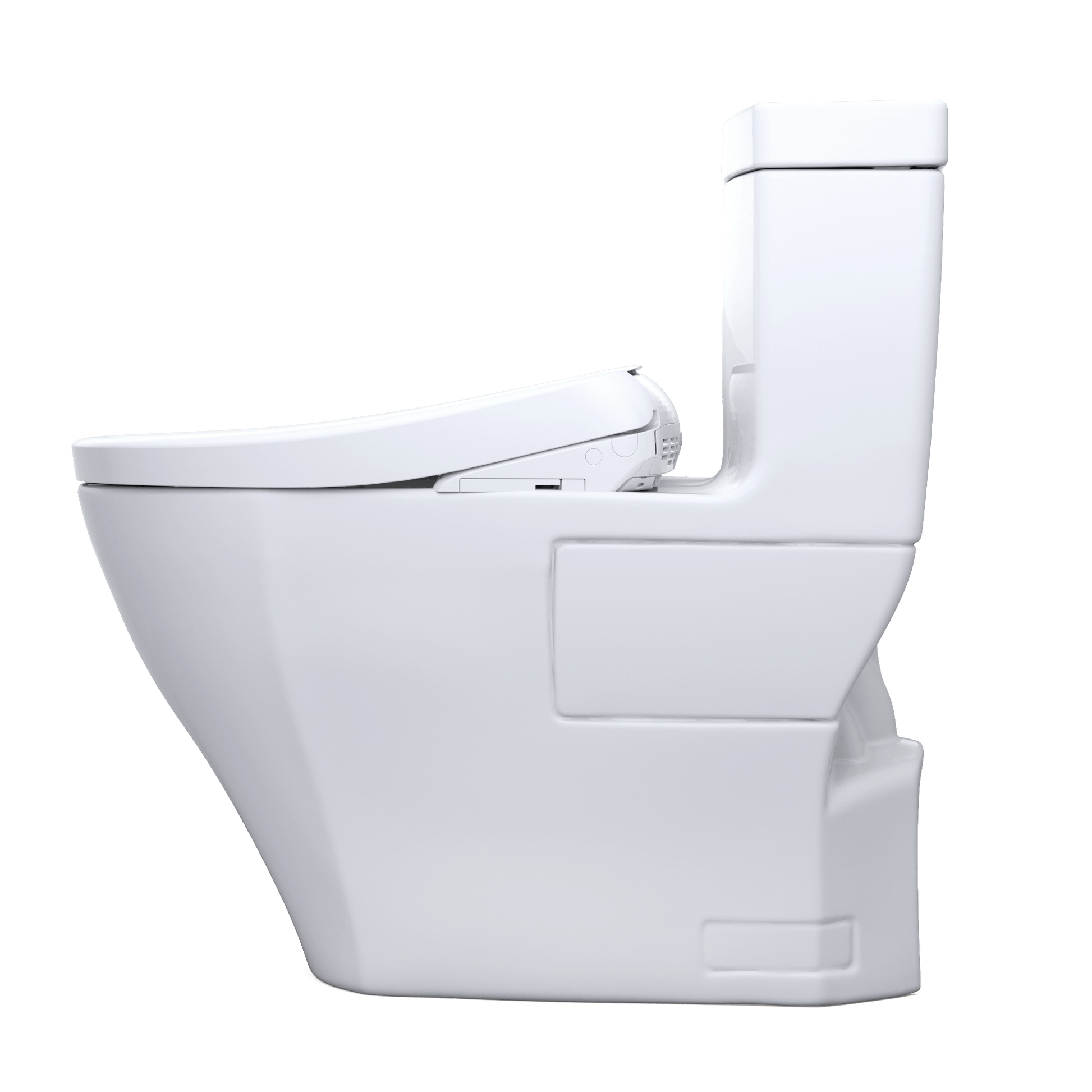 Side view of the TOTO Aimes Washlet+ S7 Bidet Toilet showcasing its modern design and advanced features.