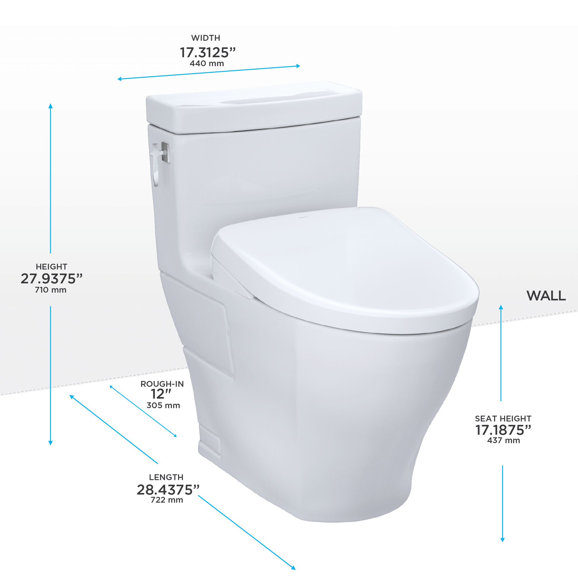 TOTO Aimes Washlet+ S7 bidet toilet dimensions with height, width, length, and seat height measurements.