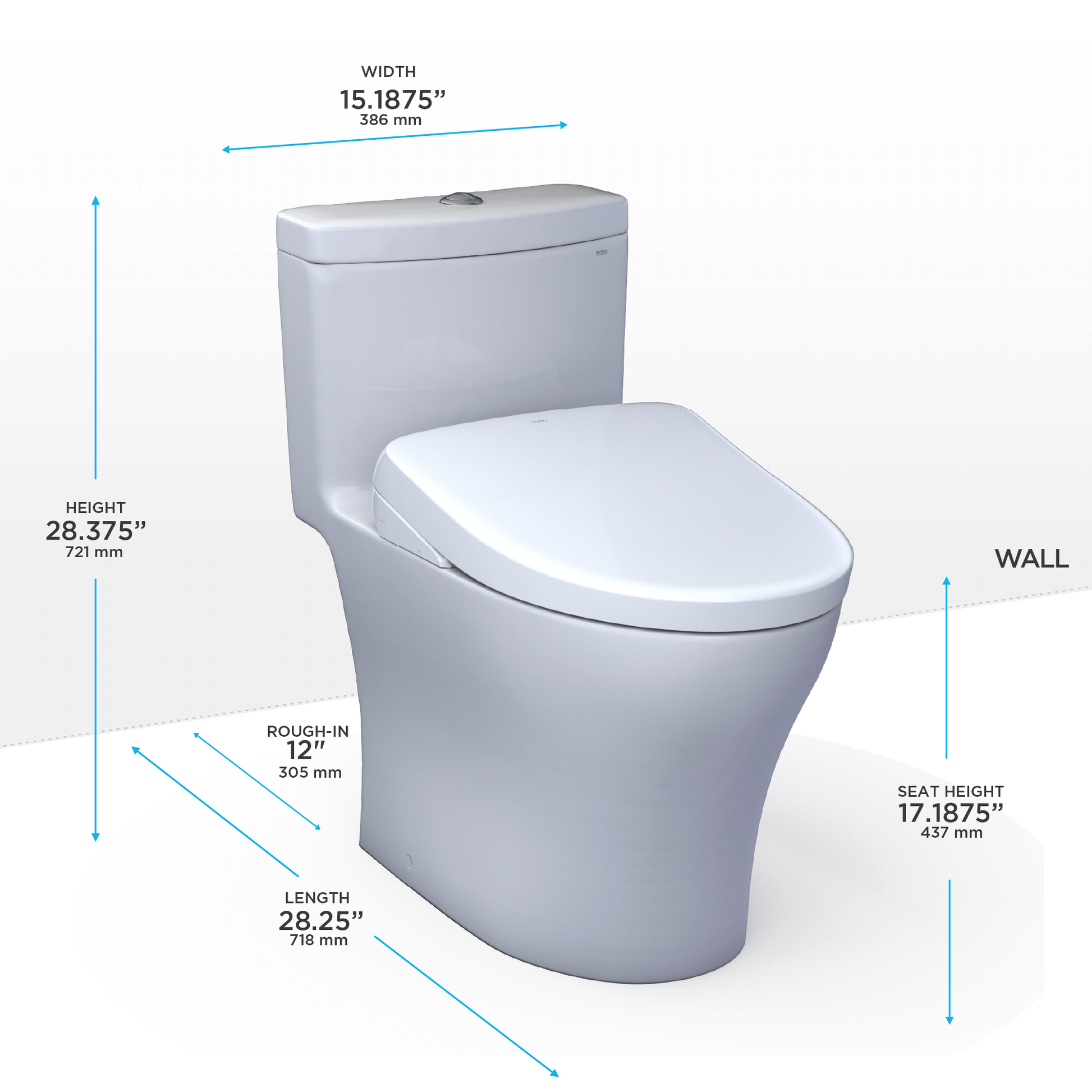 TOTO Aquia IV Washlet+ S7A bidet toilet with dimensions shown: height 28.375", width 15.1875", length 28.25".