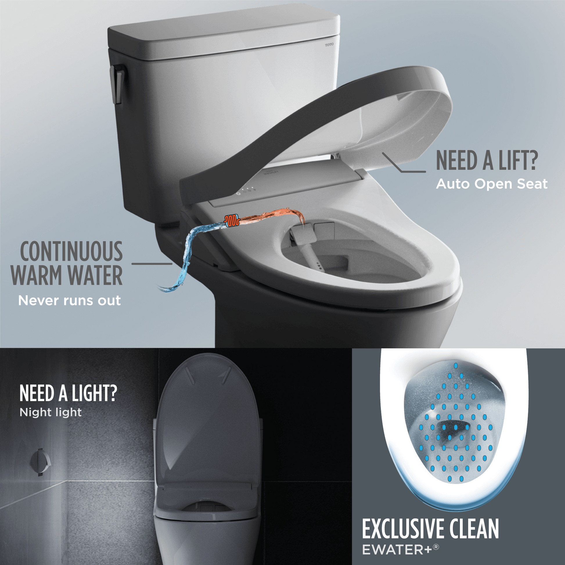 Features of the TOTO Nexus 1G Washlet+ S7A bidet toilet, including auto seat lift, warm water, night light, and Ewater+ technology.