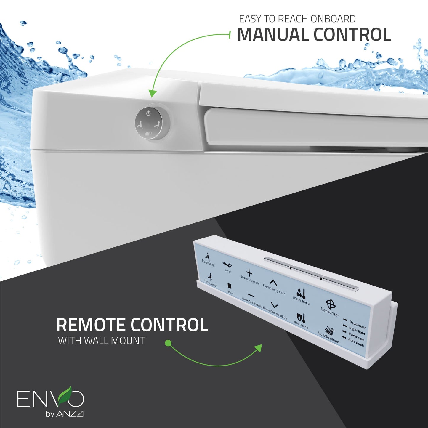ANZZI ENVO Echo Smart Bidet Toilet (1.28 GPF), Elongated, Touchless Operation (Motion/Foot Sensor, Voice/Wi-Fi), UV Nozzle Sterilization, and Deodorizer