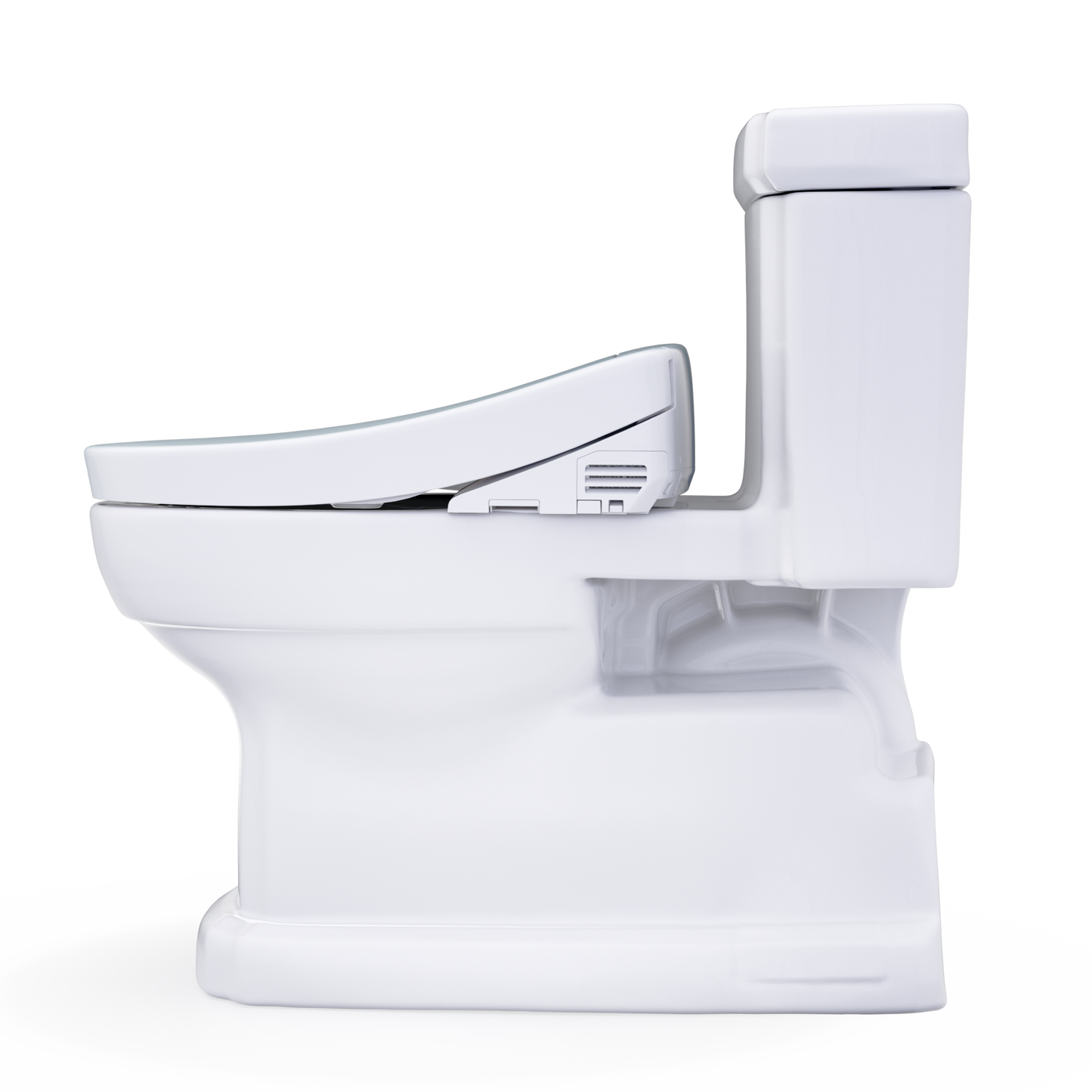 TOTO Guinevere Washlet+ S2 Bidet Toilet side view showcasing its sleek one-piece skirted design.
