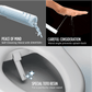 Self-cleaning wand with E-WATER+ technology for toilet cleaning, featuring text on peace of mind, careful consideration, and special Toto resin.