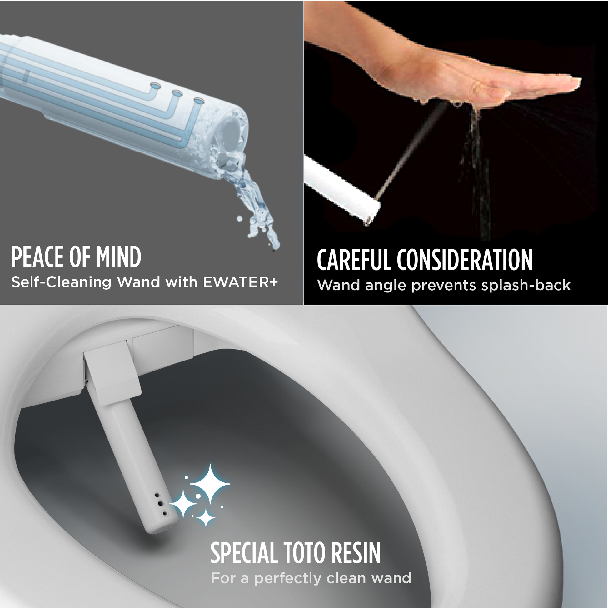 Self-cleaning wand with E-WATER+ technology for toilet cleaning, featuring text on peace of mind, careful consideration, and special Toto resin.