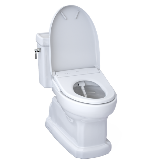 White toilet with open lid on a white background