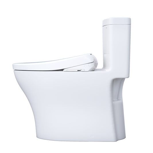 White toilet with seat on a white background