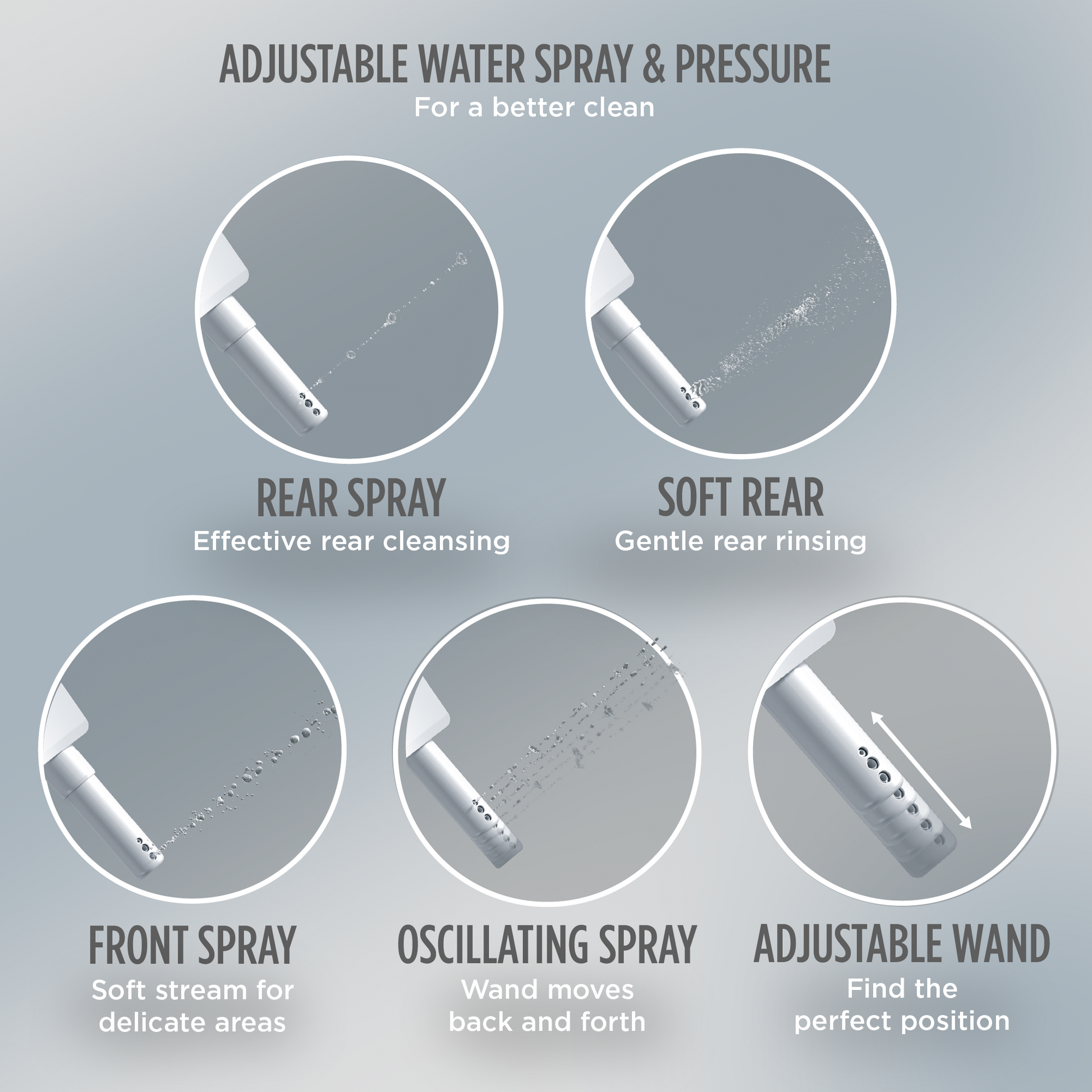 Adjustable water spray and pressure options for TOTO Guinevere Washlet+ S2 Bidet Toilet for a personalized clean.