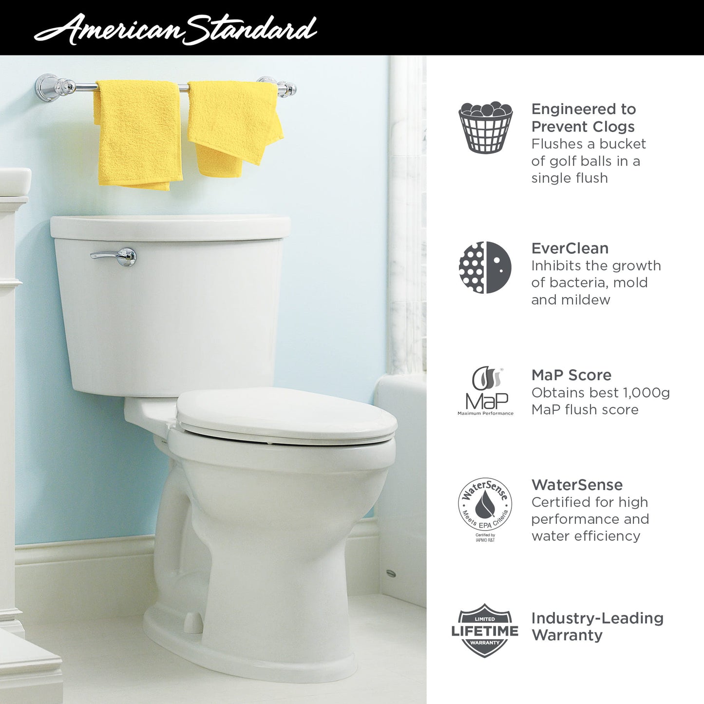 Champion PRO Two-Piece Toilet by American Standard, Chair Height (ADA), Elongated, Highest Rated Flush Force, EverClean Surface  211AA104.020